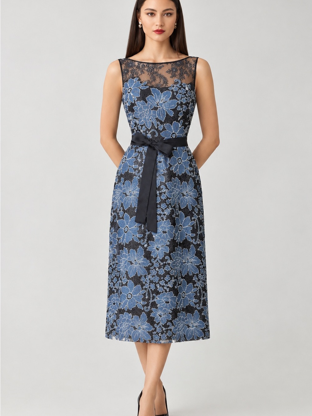 Teri Jon Black Lace Midi Dress with Blue Floral Embroidery and Satin Belt